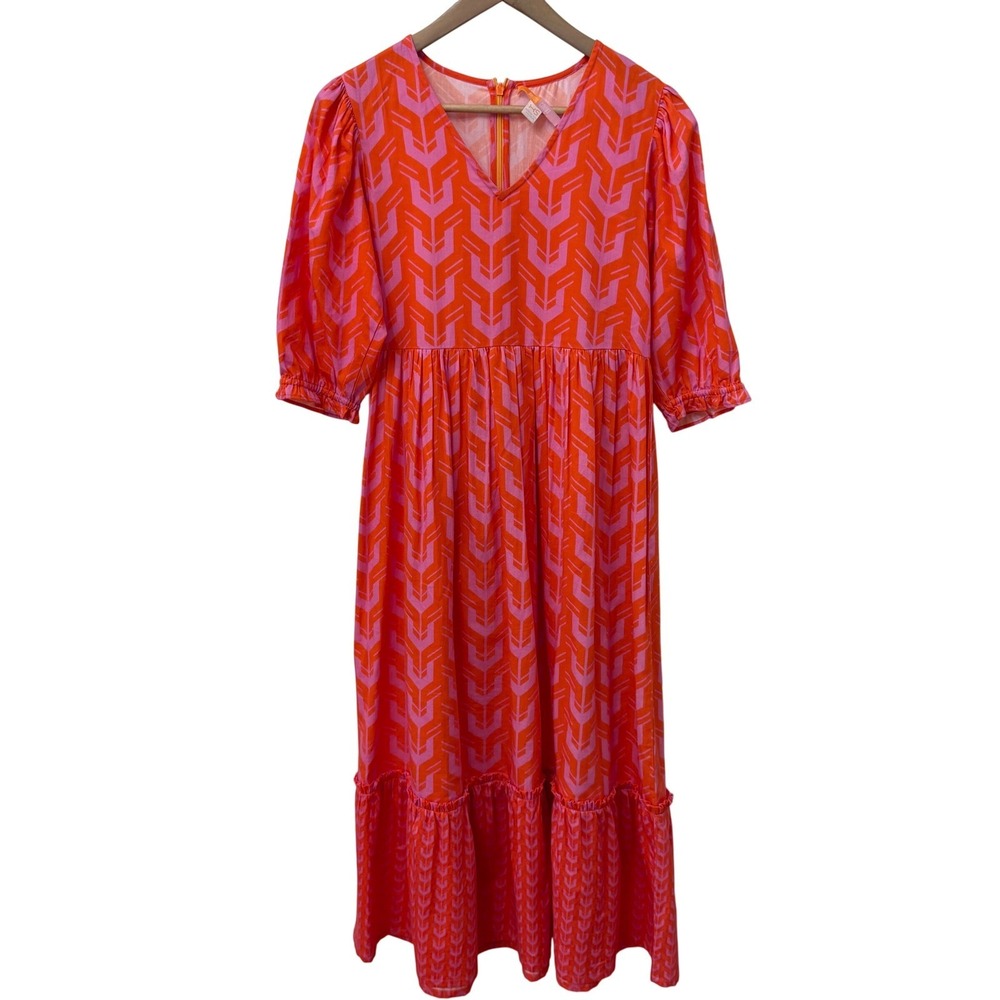 Briton Court Midi Dress XS Orange‎ Pink Geometric Chevron Puff Sleeve
